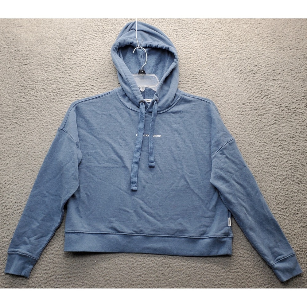 Calvin Klein Jeans Cropped Hoodie Women's Small Blue Ribbed Cuff & Hem‎ Pullover